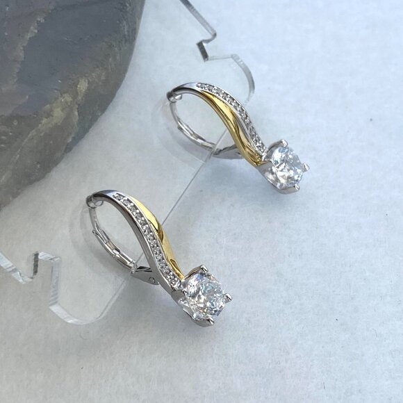Sterling Silver 925 Round Cubic Zirconia Vermeil Two-tone Leverback Earrings - Picture 7 of 16